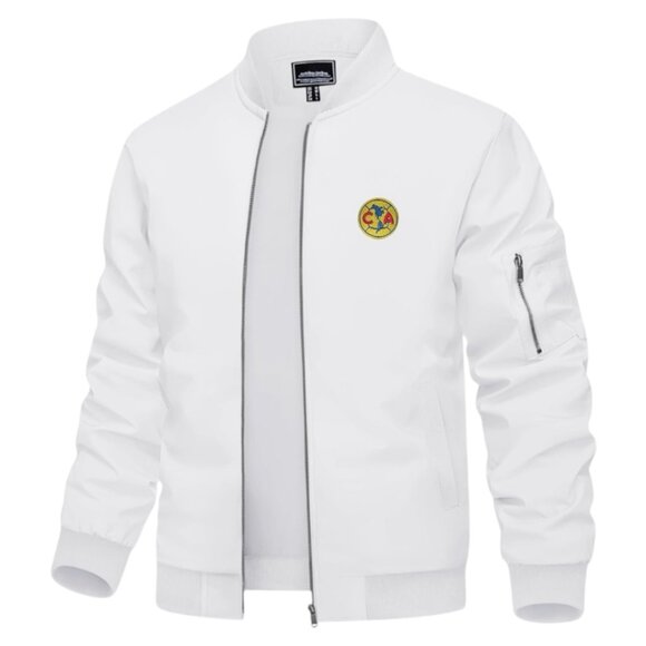 Men's Aguila Club America Logo Embroidered Light Weight Bomber Jacket -White